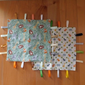 Animal Flannel Tag Blanket/Jungle Animal Print Lovey/ Giraffe Animal Ribbon Blanket/Fox Bear Theme Tag Blanket/Baby Sensory Calming Toy