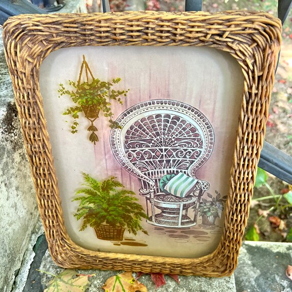 Vintage 1970s Reversed Painted Peacock Chair Ferns Wicker Framed