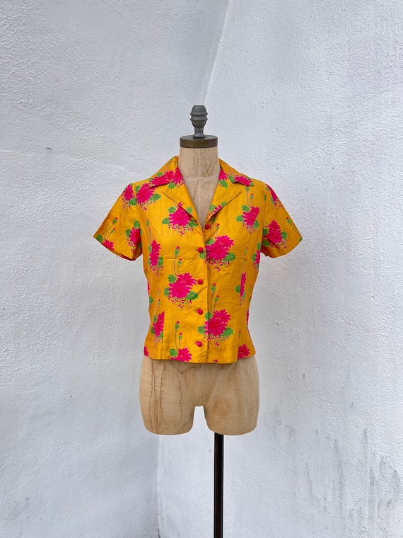 1960’s Orange Floral Silk Top - image 1