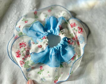 Vintage Floral Handkerchief Scrunchie | Feminine Cottagecore Hair Tie | Handmade Hair Accessory