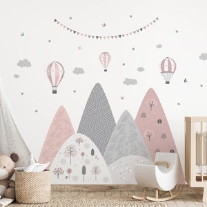 Adesivo da parete con ghirlanda di palloncini e montagne, decorazioni rosa grigio per la cameretta dei bambini, murale rimovibile in vinile per bambini, murale per bambina