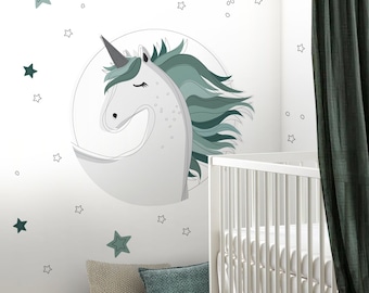 Wall Decal UNICORN, Green nursery Decor, Pegasus Wall sticker Kids room, Horse Mural playroom ,Magic pony wall art, Animal wallpaper