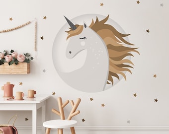 UNICORN Wall Decal Brown Beige Sepia Grey Magic Horse Boho Nursery Wall Decor minimalist Sticker Star Baby Room Mural Gift Girl Wallpaper