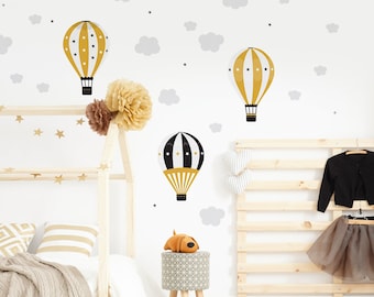 Hot Air Balloons Wall Decal Ochre Yellow Black Nursery Decor, Baby Room Wall Sticker, Kid's Playroom Removable Vinyl Peel and Stick Mural