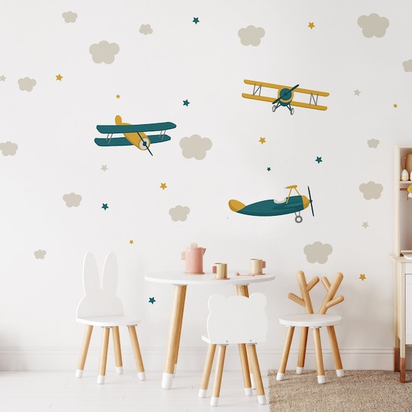 Stickers muraux avions jaune ocre vert foncé étoiles nuages décorations chambre d'enfant murale chambre murale cadeau garçon Boho