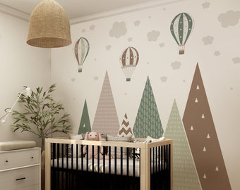 Wall Decal Mountains & Balloons Green Brown kid Room Decor Nursery Star Boy Wallpaper Girl Sticker Vinyl child Mural Woodland Peel and Stick