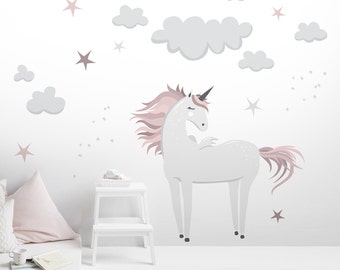 Wall tattoo Unicorn Pink Pegasus Wall Decal, Nursery minimalist Decor, Kid"s room Sticker, Girl bedroom Magic Pony Wallpaper