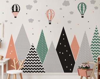 Wall Decals Kids Room Mountains Balloons Orange Green Black Room Decor Baby Mural Star Nursery Wallpaper Child wall Sticker Cloud Wall Art