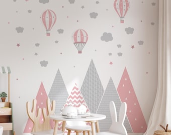 Pink Mountain Wall Decals with Balloons for a Baby Girl Nursery