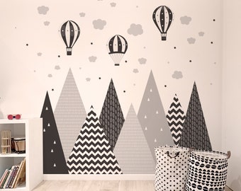 Mountains & Balloons Wall Decal - Black Grey Child Room Decor Baby gift Boy Girl Nursery Wallpaper Minimalist Sticker Cloud Mural Home decor