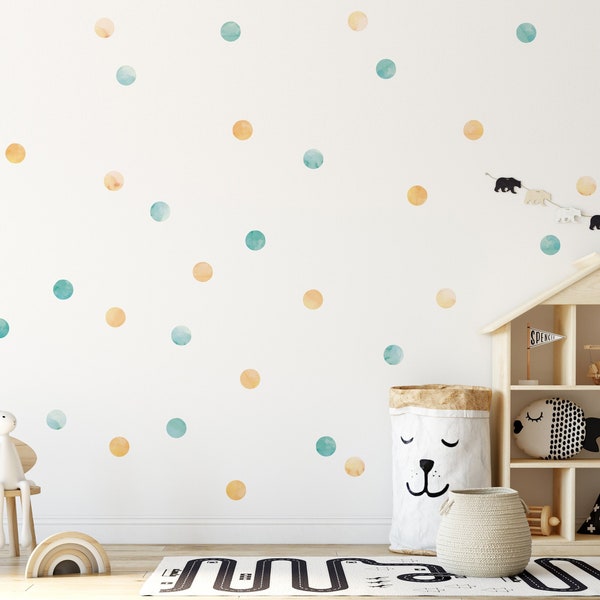 Sticker mural chambre de bébé 54 points jaune ocre vert aquarelle grand ensemble Boho décor papier peint peler et coller chambre bébé