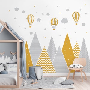 Mountains & Balloons Wall Decal - Mustard Grey Hills - Ocher Children's Room Decor Baby Stars Boy Girl Wallpaper Child Sticker Clouds Mural