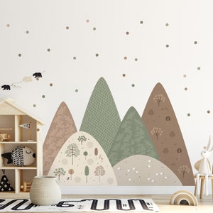 Adesivo da parete montagne Beige Marrone Verde Decorazione per la camera dei bambini Montagne Carta da parati Regalo Ragazza Foresta Carta da parati Camera da letto Punti Murale Vinile