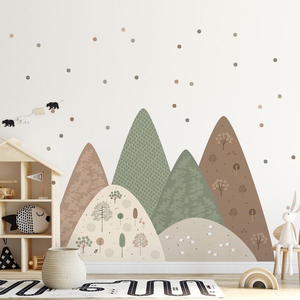 Mountains Wall Decal Green Brown Pastel Baby Room Decor Forest Nursery Sticker Girl Mount Wallpaper Bedroom Dot Mural Child removable vinyl