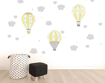 Hot Air Balloons Wall Decal Yellow Grey Stars Cloud Sticker Boy Home Decor Nursery Room Wall Art balloons Wallpaper Girl Minimal Mural stars