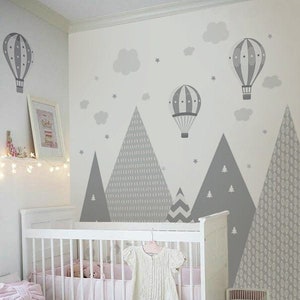 Mountains & Balloons Wall Decal Grey Hills Children's Room Decoration Baby Stars Boy Girl Hills Wallpaper Child Sticker Clouds Mural image 4
