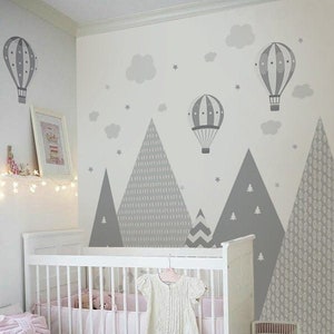 Mountains & Balloons Wall Decal Grey Hills Children's Room Decoration Baby Stars Boy Girl Hills Wallpaper Child Sticker Clouds Mural zdjęcie 4