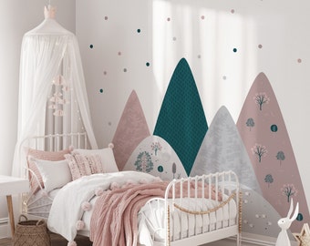 Wall Decal Mountains Kids room, Pink polka dots, Animals Wall Sticker, Green Nursery Decor, Woodland Wallpaper, vinyl peel and stick Mural