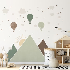 Modern Minimalist Mountains Wall Sticker Natural Color Beige Brown Green Nursery Decor Baby Room Mural, Removable Vinyl, Easy to Wash Decal