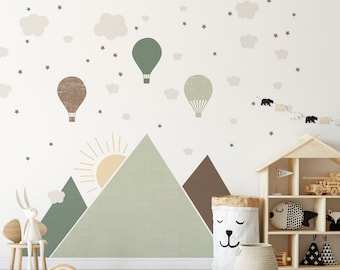 Autocollant mural montagnes et ballons, couleur naturelle, Beige, marron, vert, minimalisme, décoration murale pour chambre de bébé, vinyle facile à laver