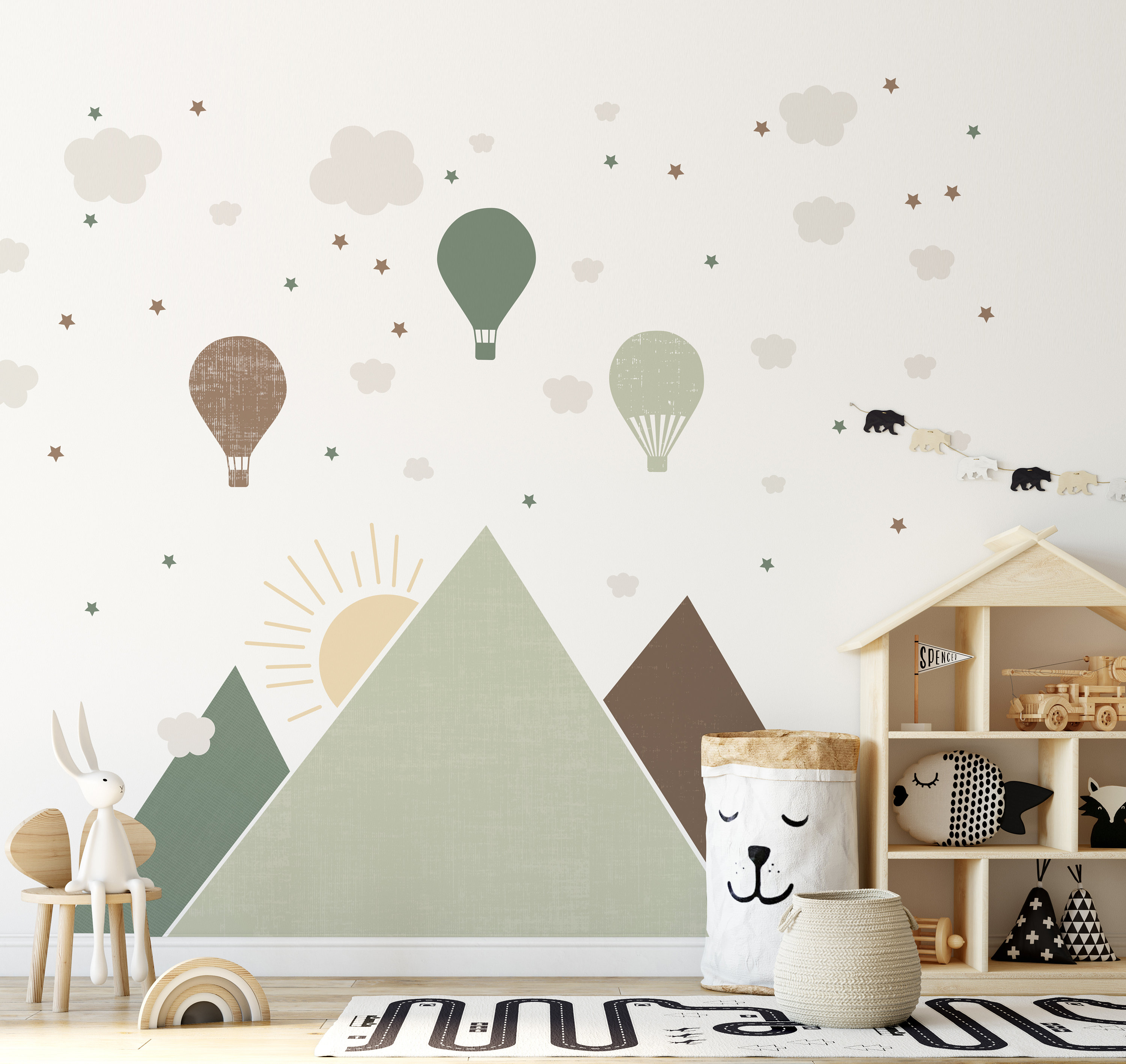 Modern Minimalist Mountains Wall Sticker Natural Color Beige Brown Green Nursery Decor Baby Room Mural, Removable Vinyl, Easy to Wash Decal