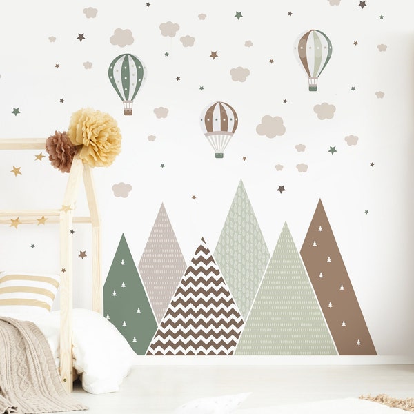 Berge Luftballons Wandaufkleber, Babyzimmer Wandtattoo, Pastell Kinderzimmer Dekor, Minimalismus Schlafzimmer, personalisierte Klebefolie