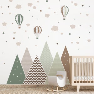 Tatuaggio murale naturale per cameretta dei bambini, montagne e palloncini, decorazione seppia per cameretta dei bambini, carta da parati adesiva rimovibile in vinile per cameretta dei bambini