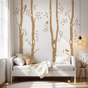 Adesivo murale con alberi di betulla per cameretta dei bambini, decorazione murale con uccelli, decorazione naturale per la cameretta dei bambini, carta da parati con foresta, carta da parati con alberi per bambini, murale murale con foresta