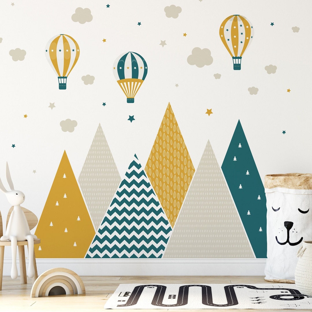 Mountains & Balloons Wall Decal Yellow Ocher Dark Green Kids Room Decor