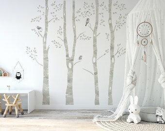 Wall Decal Birch Tree Birds Leaves Brown Sepia Watercolor Baby Sticker Decor Nursery Kids Room Wall Art Wallpaper Forest Mural Woodland Boho