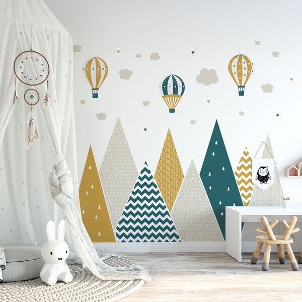 Montagnes et Ballons Sticker mural Jaune Ocre Vert pour chambre d'enfant | Décoration de pépinière neutre minimalisme | Papier peint vinyle amovible