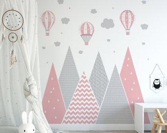 Mountains wall decal for kids room, Hot air balloon, Forest nursery wallpaper, Natural girls bedroom decor, Pink playroom, Peel and Stick