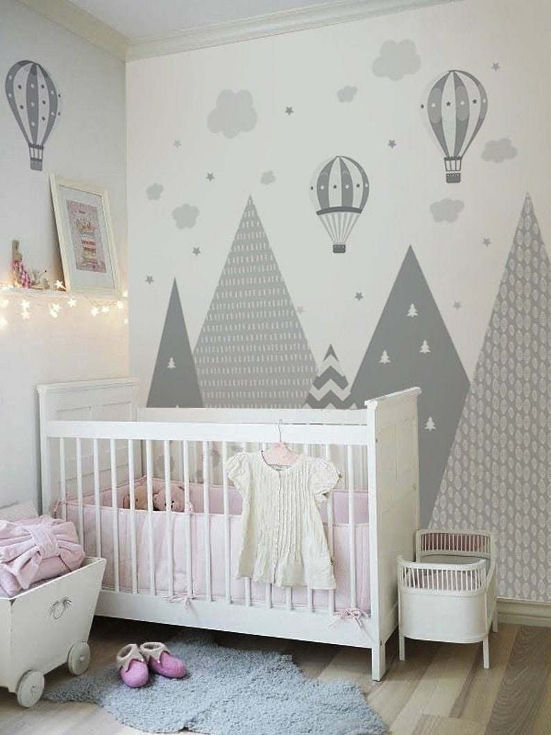 Mountains & Balloons Wall Decal Grey Hills Children's Room Decoration Baby Stars Boy Girl Hills Wallpaper Child Sticker Clouds Mural image 4