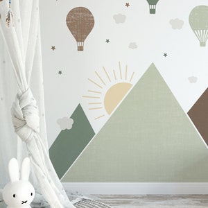 Autocollant mural montagnes et ballons, couleur naturelle, Beige, marron, vert, minimalisme, décoration murale pour chambre de bébé, vinyle facile à laver image 4