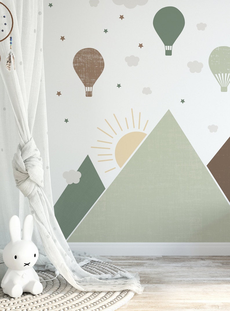 Autocollant mural montagnes et ballons, couleur naturelle, Beige, marron, vert, minimalisme, décoration murale pour chambre de bébé, vinyle facile à laver image 4