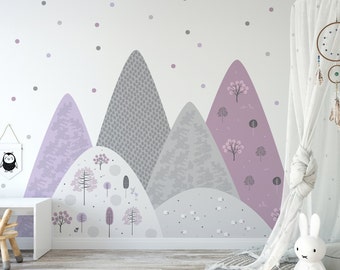 Lilac Mountains Wall Decal kids room, Purple Polka Dots, Girls bedroom wallpaper, Natural nursery decor, Animal Wall Sticker, Peel and Stick