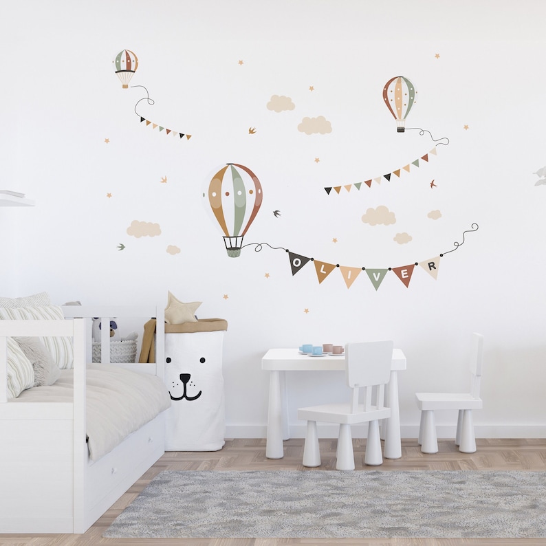 Hot Air Balloons Wall Stickers With Name, Baby Room Decal, Ochre Green ...