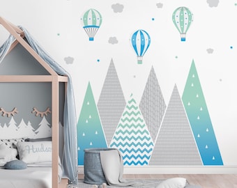 Mountain & Hot Air Balloons Wall Decal, Blue Green Nursery decor with clouds and stars, Kids room Peel and stick Removable Baby Mural