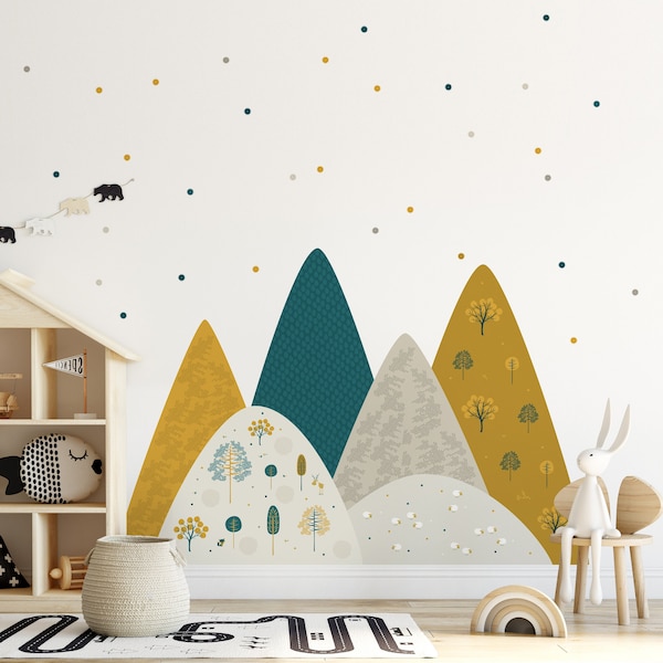 Autocollant mural montagnes ocre vert foncé décoration d'arbre chambre d'enfant papier peint photo animal fille forêt papier peint à pois décor bohème