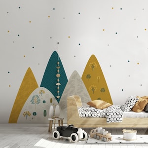 Adesivo da parete Montagne Ocra Verde scuro Decorazione albero cameretta bambini carta da parati fotografica animale ragazza Foresta Carta da parati Puntini Murale boho decor