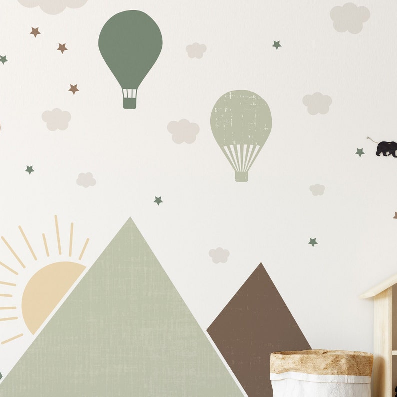 Autocollant mural montagnes et ballons, couleur naturelle, Beige, marron, vert, minimalisme, décoration murale pour chambre de bébé, vinyle facile à laver image 5