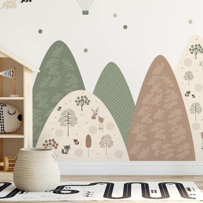 Góry Naklejka ścienna, Zieleń Brązowy Naturalna Dekoracja maluch, pokój dziecka fototapeta, dziewczyna Las Tapeta, Kropki Mural winyl Zwierzęta