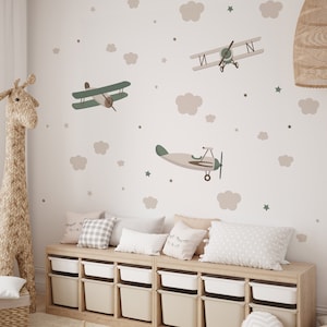 Plane Wall Sticker, Natural Nursery Decor, Greenery Baby Room Decal, Glider Wallpaper for Boy, Sky Vinyl Peel and Stick, Airplane Mural