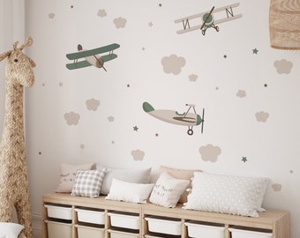 Plane Wall Sticker, Natural Nursery Decor, Greenery Baby Room Decal, Glider Wallpaper for Boy, Sky Vinyl Peel and Stick, Airplane Mural