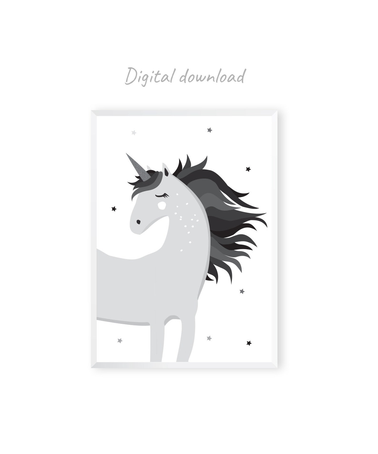 Poster DIGITAL DOWNLOAD Black White Grey Unicorn Wall decor Etsy