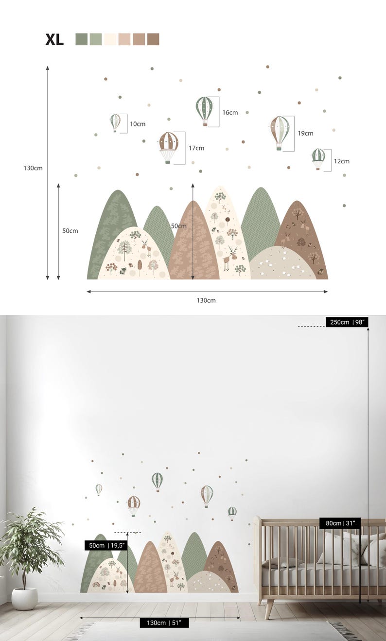 May include: XL wall decal featuring a mountain range and hot air balloons in shades of green, brown, and beige. The mountain range is 51 inches wide and 19.5 inches high. The hot air balloons are between 4 and 7.5 inches wide.