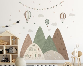 Mountains & Balloons Garland Wall Decal kids room natural colors wall decor nursery wall sticker boho decor bedroom wallpaper kid room mural