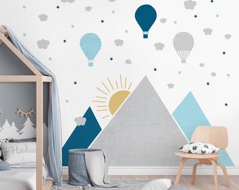 Modern Mountains Wall Sticker Natural Color Yellow Ocher Blue Nursery Decor Baby Room Mural Removable Vinyl Easy Wash Minimalist Boy Decal