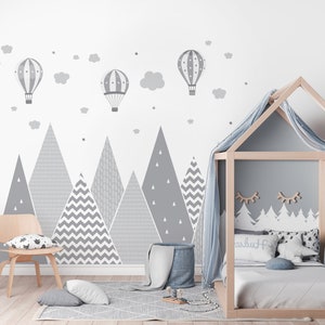 Mountains & Balloons Wall Decal Grey Hills Children's Room Decoration Baby Stars Boy Girl Hills Wallpaper Child Sticker Clouds Mural image 3