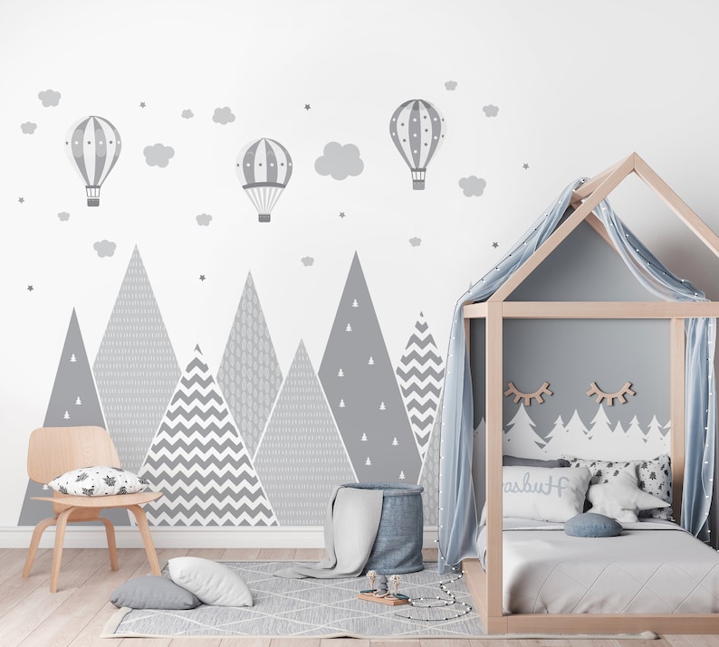 Mountains & Balloons Wall Decal Grey Hills Children's Room Decoration Baby Stars Boy Girl Hills Wallpaper Child Sticker Clouds Mural image 3